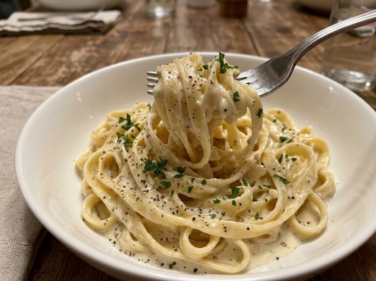 Creamy pasta twirled on fork