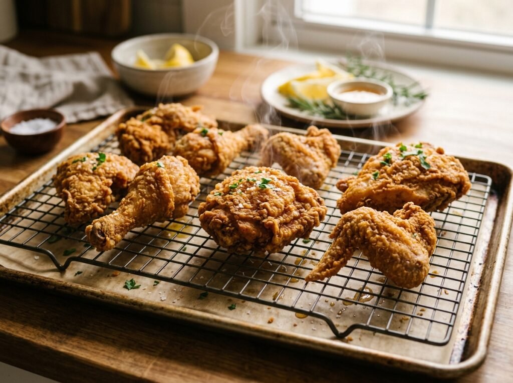 Fried chicken on wire rack