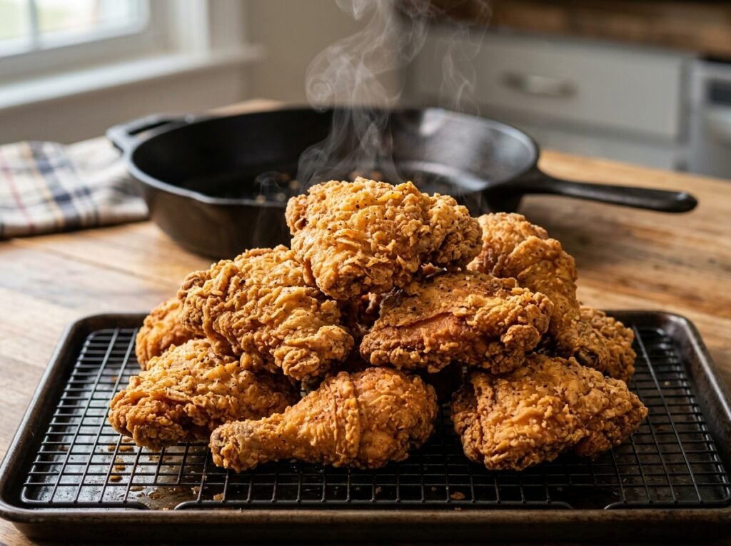 Fried chicken on wire rack
