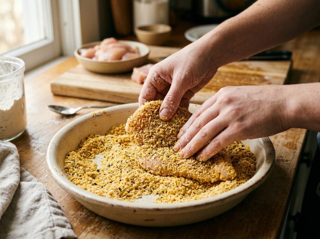 Hands pressing chicken into flour