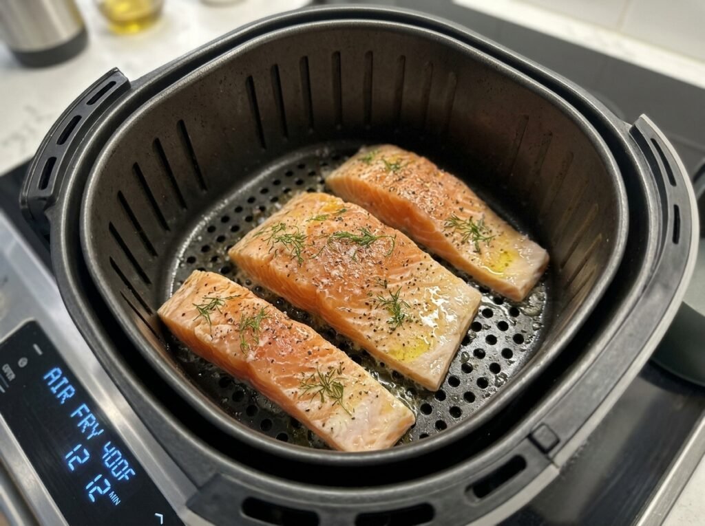Salmon cooking in air fryer