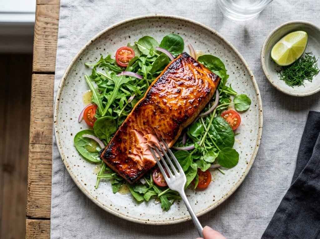 Salmon fillet on greens