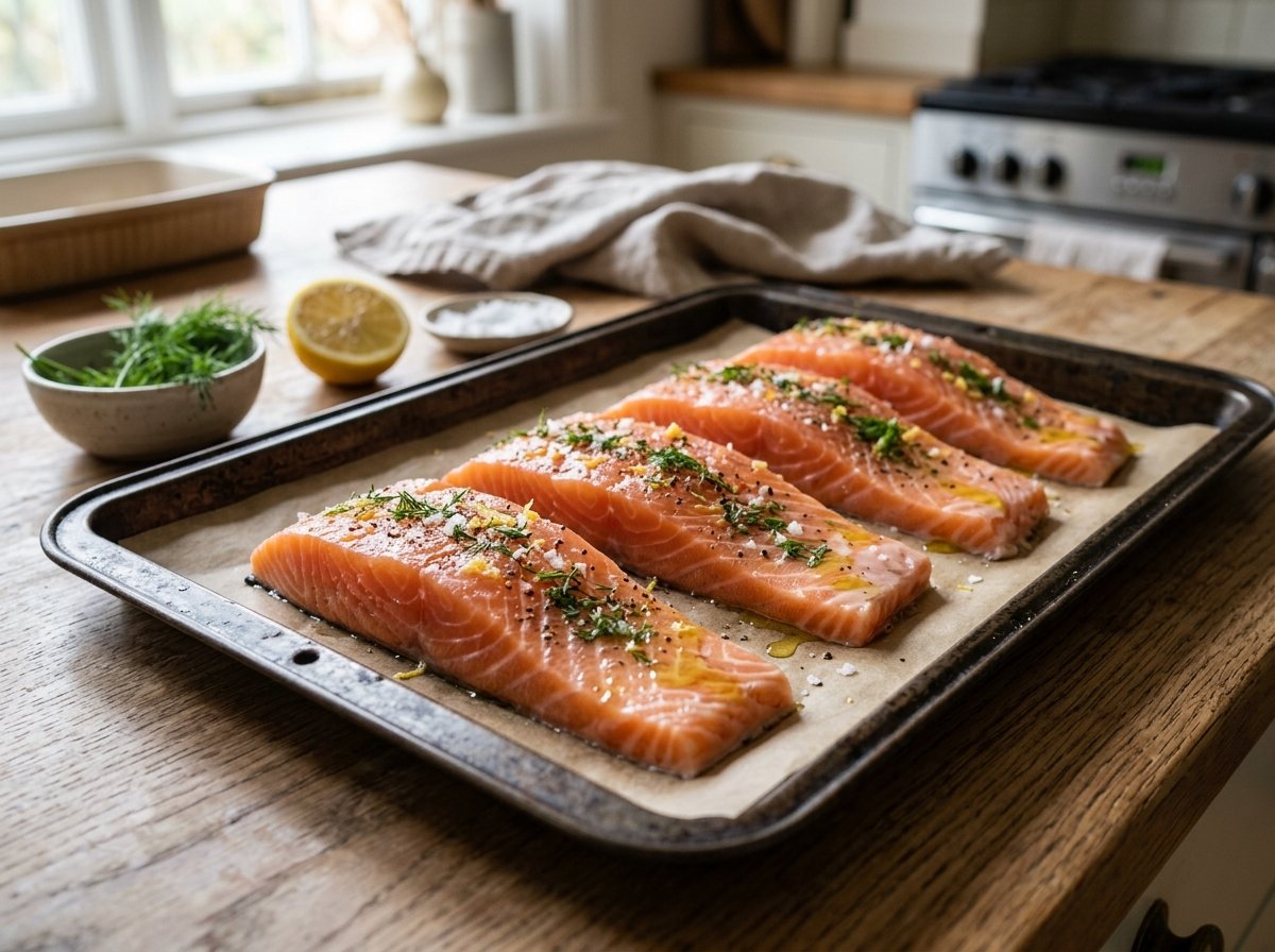 Salmon fillets on tray