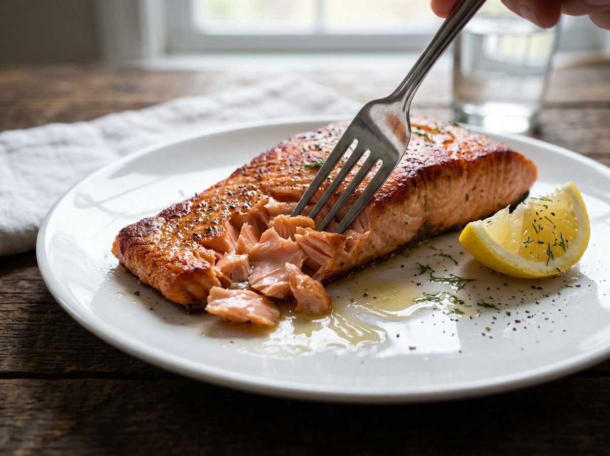 Salmon flaking under fork