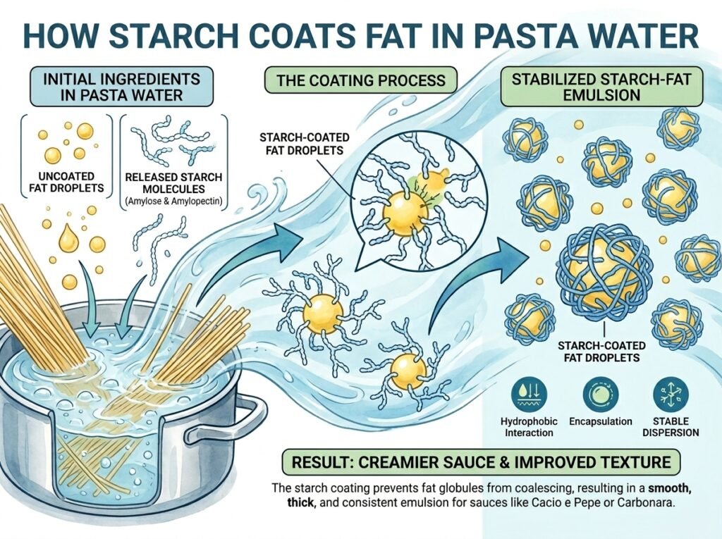 Starch molecules coating fat dro…